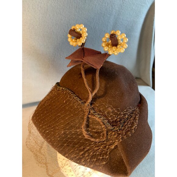 Ladies Brown Hat with Beaded Flowers and Netting by Boston Store Sz 22.5 - Picture 2 of 9